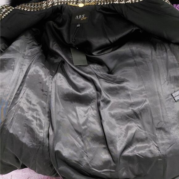 A.B.S. Allen Shwartz Womens Coat Size 14 Houndstooth Luxury Fur Hood Wool Blend - Picture 10 of 16